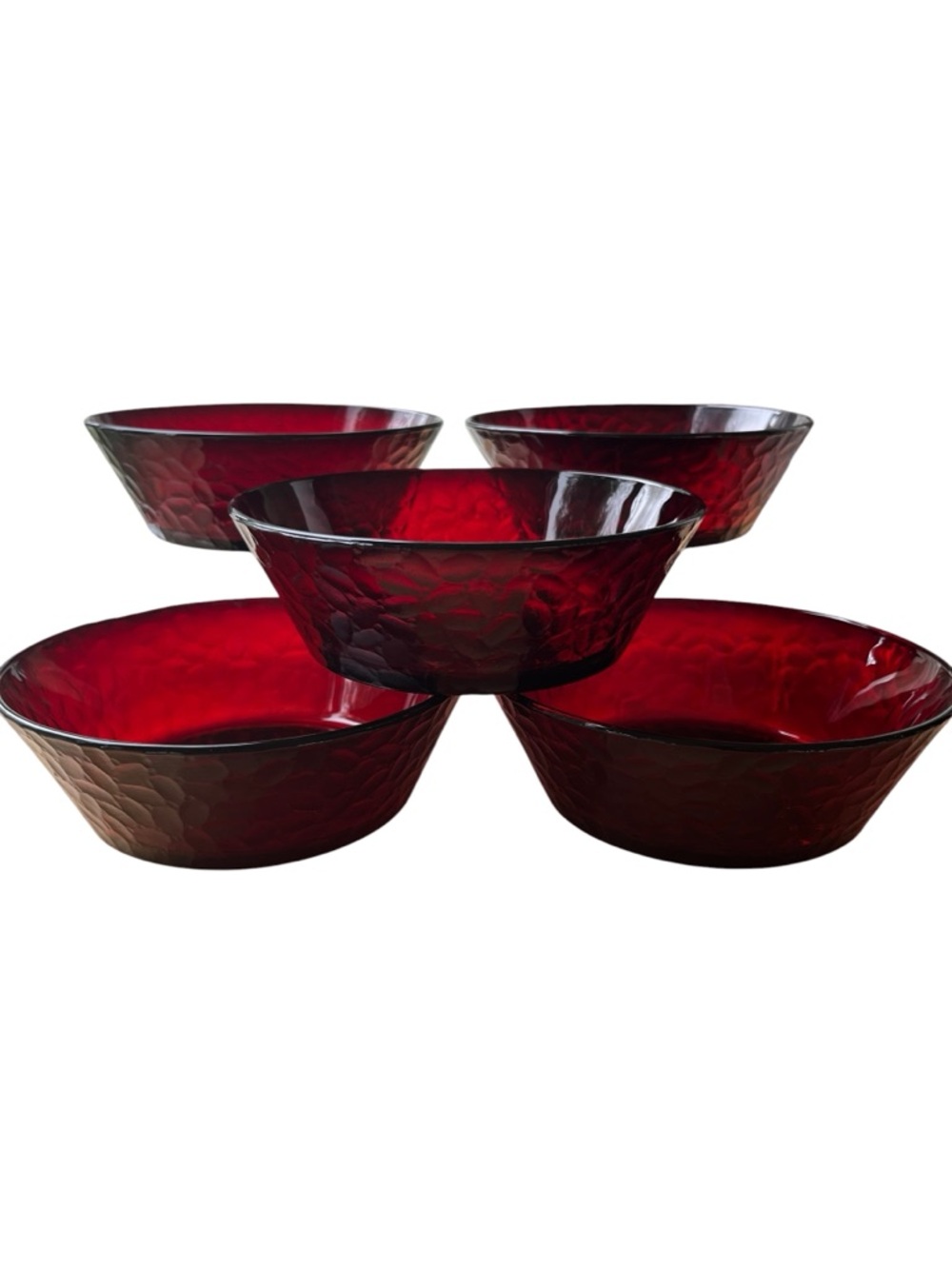 5 Arcoroc Vintage Vecors Ruby Red Glass Hammered textured Cereal Salad Bowls